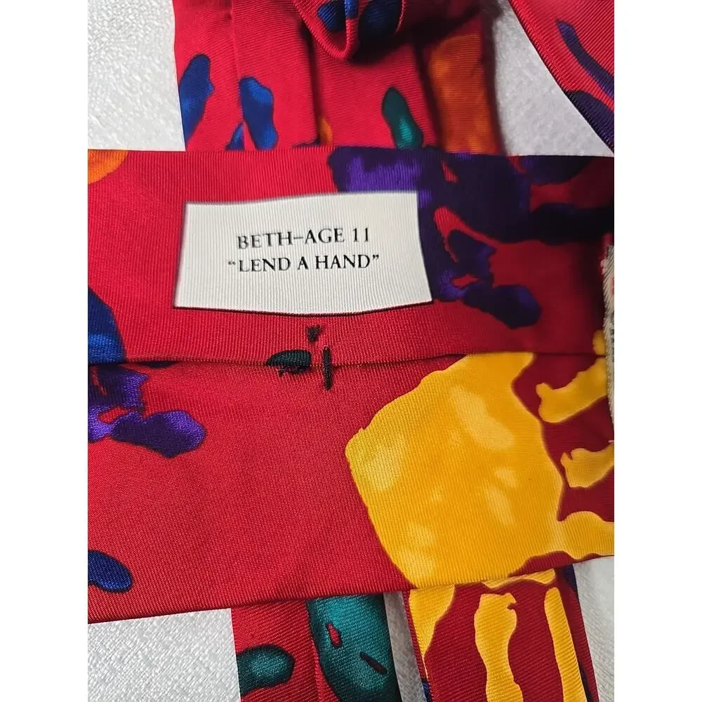 Vintage Red Save The Children 'Lend A Hand' 100% Silk Handprint Neck Tie Rare